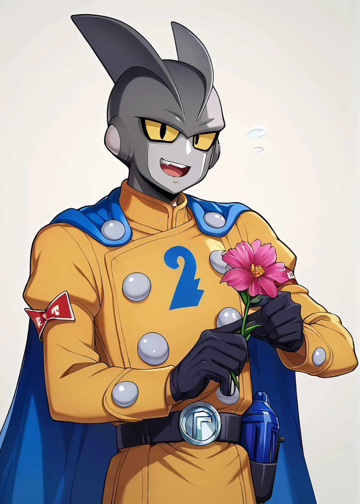 score_9, score_8_up, score_7_up, score_6_up, score_5_up, score_4_up, rating_safe, (young:1.5),
BREAK
masterpiece, best quality, absurdres, unity 8k wallpaper, official art, official style,
BREAK
(1boy, solo, male focus:1.3), (taniguchi:1.5),
detailed hair, transparent hair, looking at viewer,
BREAK
Delicate eyes, beautiful eyes, detailed eyes, ((upper body))
hi res, detailed, perfect bow,outdoor, (smile, teeth, open mouth),
dutch angle,clean, beautiful face, pure face, pale skin, (holding flower:1.3),
(hyper extreme detailed:1.05), stunning lighting effects, warm light projection,
BREAK
gamma 2, 1boy, grey skin, yellow sclera, black eyes, shark fins, yellow jacket, yellow pants, blue cape, blue print, blue gun, black belt, black gloves, black boots, red ribbon shoulder patch
BREAK
(zPDXL:1.5), <lora:taniguchi:1.5> <lora:GammasPony:1>