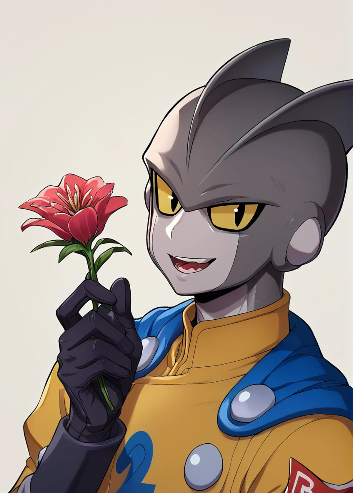 score_9, score_8_up, score_7_up, score_6_up, score_5_up, score_4_up, rating_safe, (young:1.5),
BREAK
masterpiece, best quality, absurdres, unity 8k wallpaper, official art, official style,
BREAK
(1boy, solo, male focus:1.3), (taniguchi:1.5),
detailed hair, transparent hair, looking at viewer,
BREAK
Delicate eyes, beautiful eyes, detailed eyes, ((upper body))
hi res, detailed, perfect bow,outdoor, (smile, teeth, open mouth),
dutch angle,clean, beautiful face, pure face, pale skin, (holding flower:1.3),
(hyper extreme detailed:1.05), stunning lighting effects, warm light projection,
BREAK
gamma 2, 1boy, grey skin, yellow sclera, black eyes, shark fins, yellow jacket, yellow pants, blue cape, blue print, blue gun, black belt, black gloves, black boots, red ribbon shoulder patch
BREAK
(zPDXL:1.5), <lora:taniguchi:1.5> <lora:GammasPony:1>