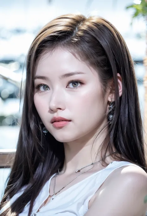 A girl next to a husky dog, green eyes, long hair, soft face, face details:1.7, <lora:add_detail:0.6>, outside, snow, <lora:Sana-03:1>