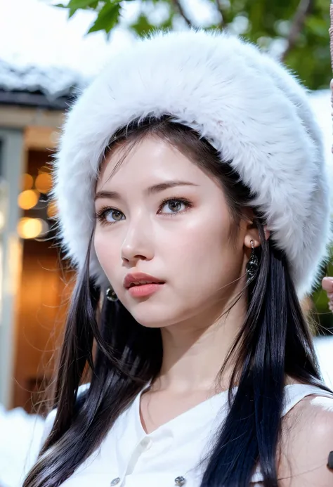 A girl next to a husky dog, green eyes, long hair, soft face, face details:1.7, <lora:add_detail:0.6>, outside, snow, <lora:Sana-03:1>
