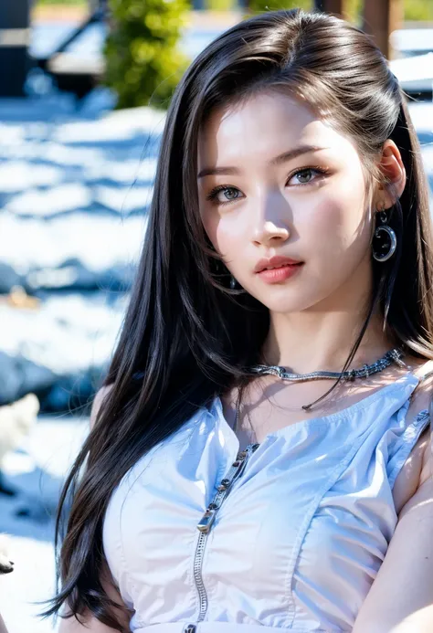 A girl next to a husky dog, green eyes, long hair, soft face, face details:1.7, <lora:add_detail:0.6>, outside, snow, <lora:Sana-03:1>