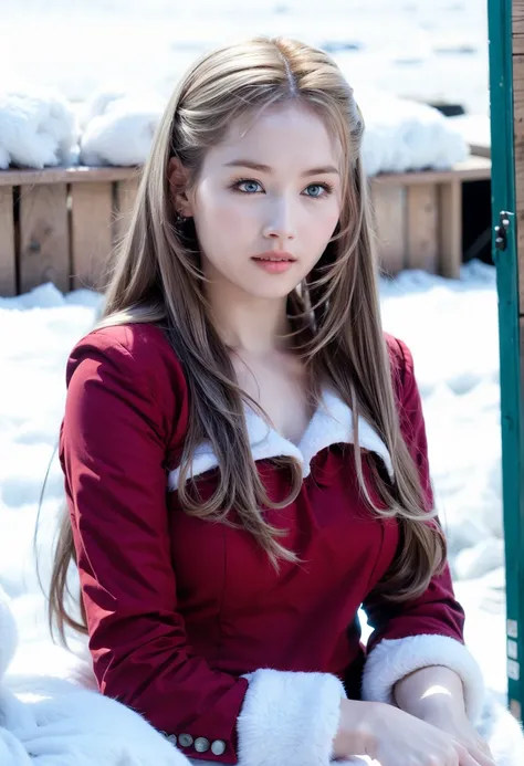 A girl next to a husky dog, green eyes, long hair, soft face, face details:1.7, Blonde, <lora:add_detail:0.6>, outside, snow, <lora:Sana-03:1>