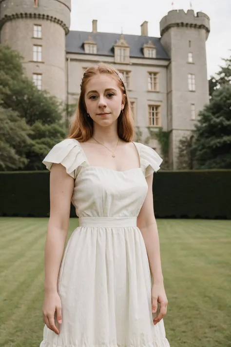 RAW photo, <lora:Simone-CV1-000005:1> simone giertz, ((in the grounds of a castle)) ribbed dress, Lightcore (high detailed skin:1.2), 8k uhd, dslr, soft lighting, high quality, film grain, Fujifilm XT3