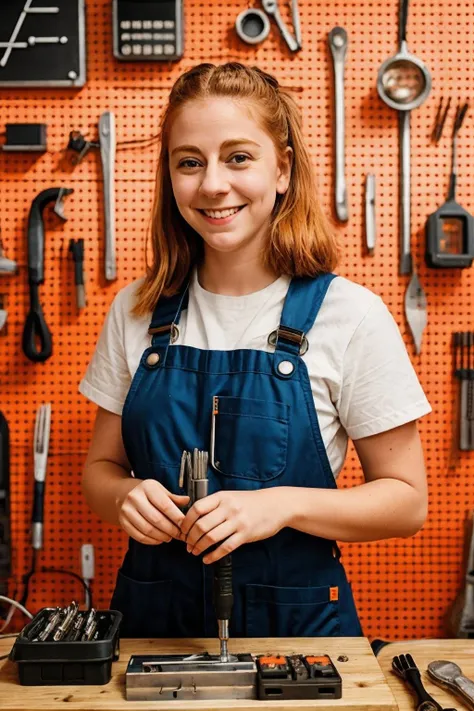 RAW photo, <lora:Simone-CV1-000005:1> simone giertz, smiling
using a soldering iron, in a modern tinkerers workshop, pegboards with tools, electronics, orange walls (high detailed skin:1.2), 8k uhd, dslr, soft lighting, high quality, film grain, Fujifilm XT3