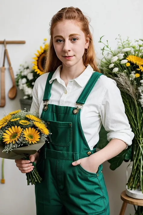 RAW photo, <lora:Simone-CV1-000005:1> simone giertz, ((in a florist)) green overalls and white shirt, Photorealism, holding a bouquet, (high detailed skin:1.2), 8k uhd, dslr, soft lighting, high quality, film grain, Fujifilm XT3
