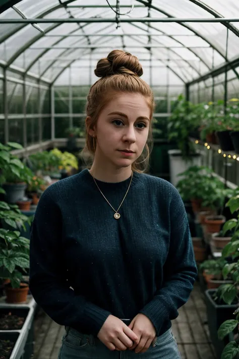 RAW photo, <lora:Simone-CV1-000005:1> simone giertz, looking ahead, top bun hair, wearing jeans and a sweater, 
BREAK
hard light, ((rimlight)), high contrast, (((cinematic lighting))), dramatic, plants, ((greenhouse)) (((at night))), ((colored lights)) (high detailed skin:1.2), 8k uhd, dslr, soft lighting, high quality, film grain, Fujifilm XT3