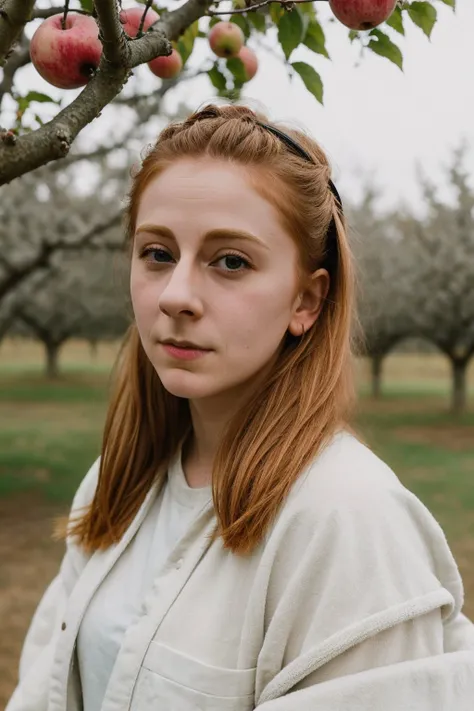 RAW photo, <lora:Simone-CV1-000005:1> simone giertz, ((in an orchard)) layered sleeves, Minivan Rock (high detailed skin:1.2), 8k uhd, dslr, soft lighting, high quality, film grain, Fujifilm XT3