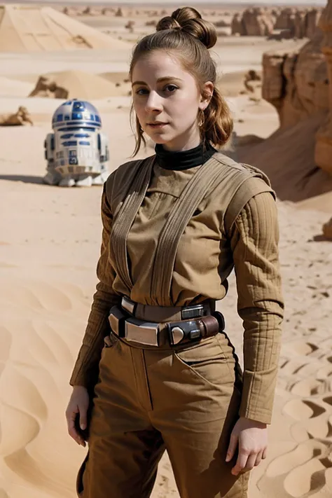 woman, ((in the sahara)) ribbed sleeves, blaster pistol, Boujee,Morocco, desert, rock, cliff  ((star wars style)), Tatooine