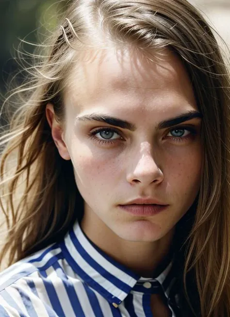 A stunning intricate color close up portrait of (sks woman:1) , wearing Striped shirt and pleated skirt, epic character composition, sharp focus, natural lighting, subsurface scattering, f2, 35mm, film grain, , by Michael Kenna, <lora:lora-small-cara-delevigne-v1:1>