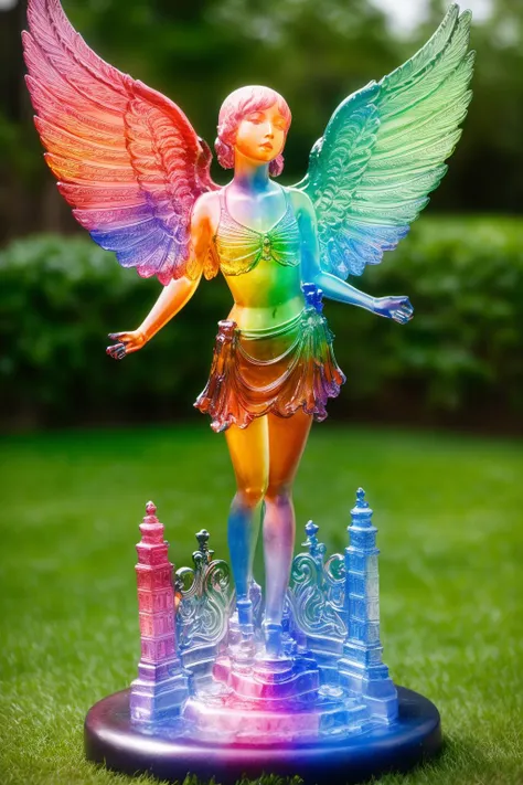 a statue of (colorful glaze, transparent:1.2) (a girl with wings:1.3), (solo:1.2), standing in lawn, <lora:colouredglazecd-000006:0.7>, colouredglazecd, no humans, high quality, masterpiece, realistic, photorealistic, long-focus, (outdoors)