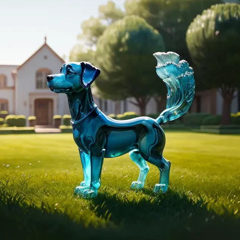 a (blue glaze, transparent:1.1) dog, (solo:1.2), standing in lawn, <lora:colouredglazecd-000006:0.7>, colouredglazecd, no humans, high quality, masterpiece, realistic, photorealistic, long-focus, (outdoors)