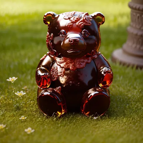 a (red glaze, transparent:1.1) bear, (solo:1.2), sitting in lawn, <lora:colouredglazecd-000007:0.8>, colouredglazecd, no humans, high quality, masterpiece, realistic, photorealistic, long-focus, (outdoors)