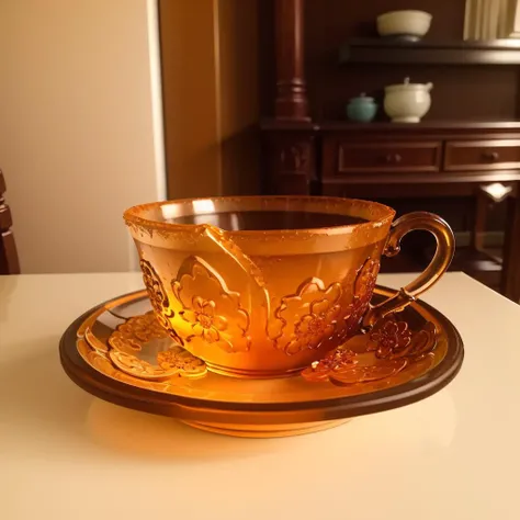 a (orange glaze, transparent:1.1) cup, building model, (solo:1.2), <lora:colouredglazecd-000007:0.8>, colouredglazecd, no humans, high quality, masterpiece, realistic, photorealistic, long-focus, (indoors, on table:1.2),