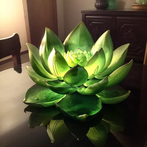 a (green glaze, transparent) lotus flower and lotus leaf, flower inserted into the vase, (solo:1.2), <lora:colouredglazecd-000006:0.8>, colouredglazecd, no humans, high quality, masterpiece, realistic, photorealistic, long-focus, (indoors, on table:1.2),