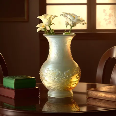 a (ivory glaze, transparent) vase, flower inserted into the vase, (solo:1.2), <lora:colouredglazecd-000007:0.7>, colouredglazecd, no humans, high quality, masterpiece, realistic, photorealistic, long-focus, (indoors, on table:1.2),