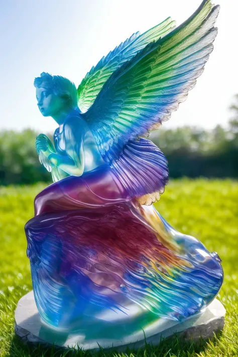 a statue of (colorful glaze, transparent:1.2) (a girl with wings:1.3), (solo:1.2), standing in lawn, <lora:colouredglazecd-000008:0.8>, colouredglazecd, no humans, high quality, masterpiece, realistic, photorealistic, long-focus, (outdoors, lawn:1.2)