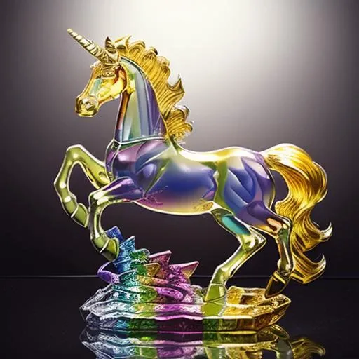 (masterpiece, best quality, professional quality, highly detailed, dynamic lighting, absurd resolution, 8k resolution, 4k resolution:1.3), <lyco:colouredglazecd-000007:0.8>, colouredglazecd, rainbow colored glass statue of a unicorn