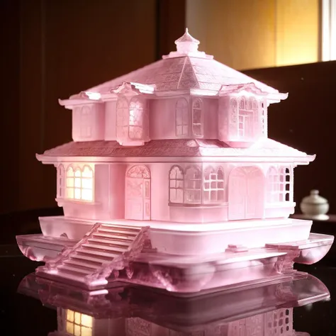 a (pink glaze, transparent:1.1) villa, building model, (solo:1.2), <lora:colouredglazecd-000007:0.7>, colouredglazecd, no humans, high quality, masterpiece, realistic, photorealistic, long-focus, (indoors, on table:1.2),