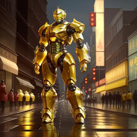 a (yellow glaze, transparent:1.1) armored robot, (solo:1.2), standing in street, <lora:colouredglazecd-000007:0.7>, colouredglazecd, no humans, high quality, masterpiece, realistic, photorealistic, long-focus, (outdoors, cityscape)