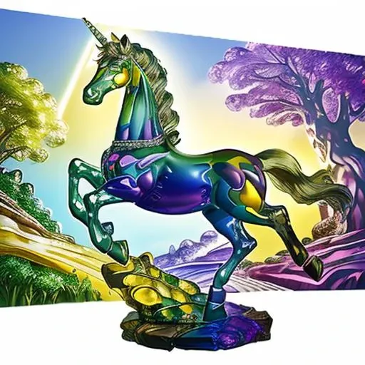 (masterpiece, best quality, professional quality, highly detailed, dynamic lighting, absurd resolution, 8k resolution, 4k resolution:1.3), <lyco:colouredglazecd-000007:0.8>, colouredglazecd, rainbow colored glass statue of a unicorn