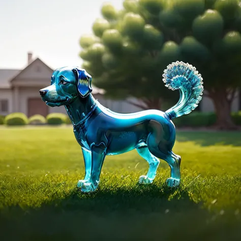 a (blue glaze, transparent:1.1) dog, (solo:1.2), standing in lawn, <lora:colouredglazecd-000007:0.7>, colouredglazecd, no humans, high quality, masterpiece, realistic, photorealistic, long-focus, (outdoors)