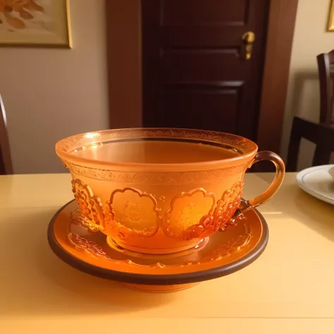 a (orange glaze, transparent:1.1) cup, building model, (solo:1.2), <lora:colouredglazecd-000006:0.7>, colouredglazecd, no humans, high quality, masterpiece, realistic, photorealistic, long-focus, (indoors, on table:1.2),