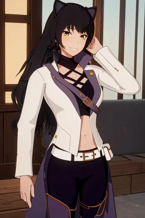 ((masterpiece,best quality)),
<lora:Blake_RWBY:0.8>, Blake_RWBY, 1girl, solo, black hair, long hair, cat ears, animal ears, yellow eyes,
belt, midriff, pants, jacket,
solo, smiling, looking at viewer, cowboy shot,