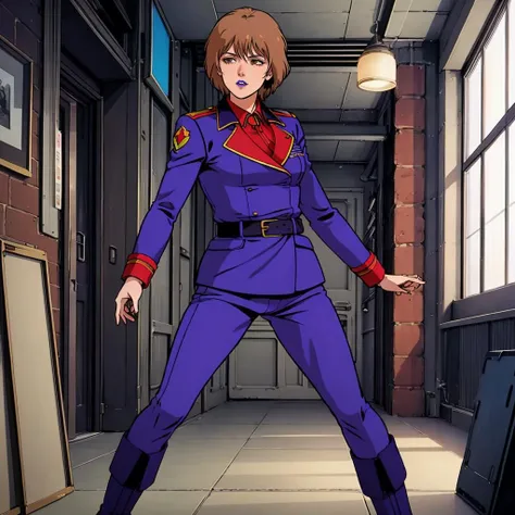 ultra-detailed, Explicit, Beautiful body, Beautiful Nose, Beautiful character design, perfect eyes, perfect face, ultra highres, 4K, beautiful legs, perfect legs, Nice hands, Perfect hand, Masterpiece, Best Quality, Highly detailed, illustration, absurdres, street fighter, doll suit, shadaloo doll, dollsuit, expressionless, blank eyes, looking at viewer, red gloves, emotionless, black latex, corrution, mind control, female combatant, full body, hypnotized, unhappy trance, full body suit, ribbed bodysuit, both arms at side, obey, perfect female body, extremely glossy latex, hypnosis, hypnoLora, empty eyes, Mind control device, poses, submissive_pose, Slave, hat, necktie, stand up straight, standing, standing at attention, hat, necktie, belt, latex, ribbed bodysuit, thighhighs, garter belt, Fighting Stance, extending the right arm from the shoulder into the air with a straightened hand, nazi saluting, military, military saluting, salute, thigh boots, 1girl, mineva lao zabi, GUNDAM ZZ, orange hair, green eyes, short hair