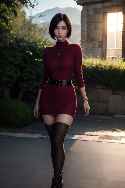 <lora:AdaWong:0.8>,face lighting,bright backlight,super high resolution,best quality,Photos,4k,(Realistic:1.2),AdaWong,1girl,black hair,short hair,necklace,look to the lens,standing,red dress,belt,skirt,zettai ryouiki,short hair,sweater dress,