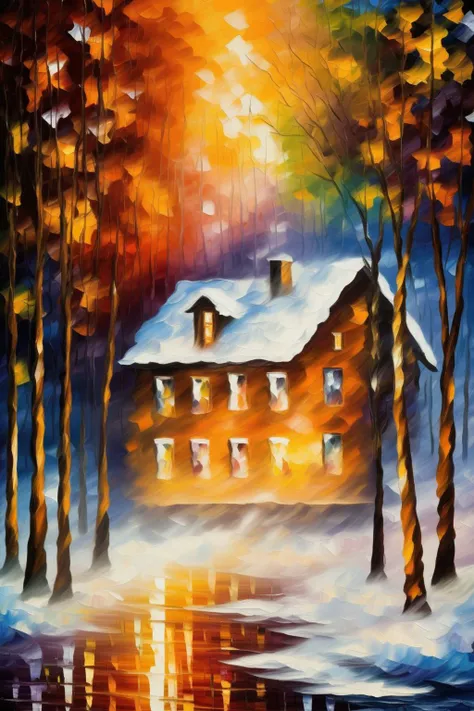 <lora:Leonid Afremov Style:1>Leonid Afremov Style - An enchanting winter scene with snow-covered trees and a cozy cabin illuminated with warm golden light, as if taken from Leonid Afremov's imagination.