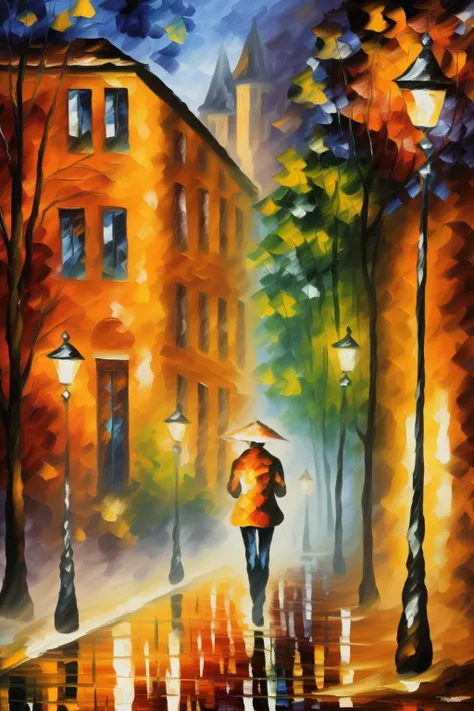 <lora:Leonid Afremov Style:1>Leonid Afremov Style - A charming European street scene, with old buildings and cobblestone roads, drenched in vibrant hues of orange and yellow, just like a painting by Leonid Afremov.