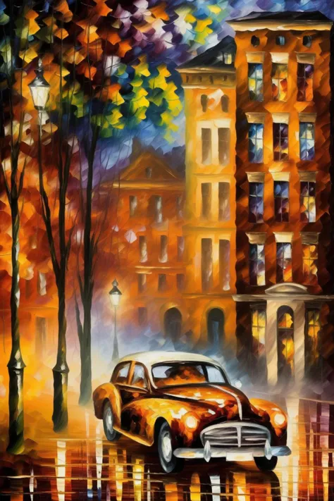 <lora:Leonid Afremov Style:1>Leonid Afremov Style - A nostalgic cityscape with vintage cars parked along a beautifully lit street, capturing the essence of Leonid Afremov's style.