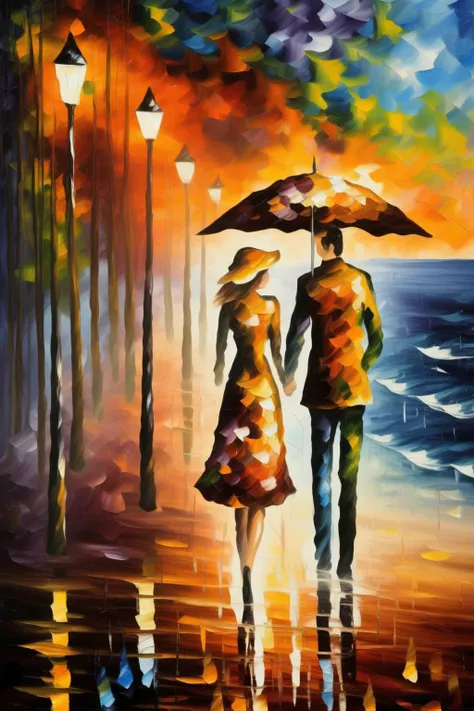 <lora:Leonid Afremov Style:1>Leonid Afremov Style - A serene beach scene with a couple walking along the shoreline under an umbrella, painted in the distinctive Leonid Afremov Style.