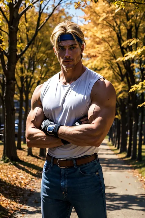 axelstone, man, blond hair, blue eyes, headband,white sleeveless t-shirt, fingerless gloves, denim pants, looking at viewer, serious, medium shot, 
standing, arms crossed, outside, park, field, trees, autumn, extreme detail, masterpiece,  <lora:AxelStone-DocStasis:.8>
