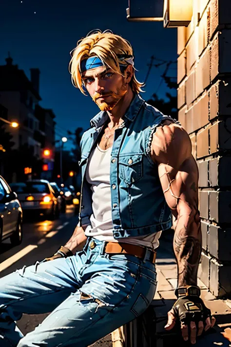 axelstone, blond hair, blue eyes, headband, beard, denim shirt, white sleeveless t-shirt, headband, denim pants,flannel jacket (on hips), fingerless gloves, looking at viewer, serious, smirk, 
sitting, on sidewalk, outside, city, night time, dark, lamp post, extreme detail, masterpiece,  <lora:AxelStone-DocStasis:.7>