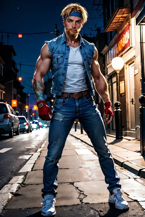 An action movie starring tanned middle-aged ([Hey-Arnold|Hey Arnold|Arnold Schwarzenegger] with a cartoonishly wide footballhead and spiky blonde hair), smoking a cigar, blue shirt, red flannel tied around waist, on a city street.
highres, high resolution, detailed, cinematic, artistic shadow, sidelighting.
<lora:LowRA:0.5> <lora:add_detail:0.3> <lora:Hey-Arnold:0.9>