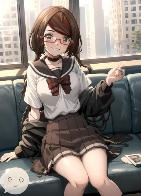 <lora:misakiSakimiyaLORA_v10:1>, glass, white school uniform, black skirt, brown hair, masterpiece, highres, highest quallity, illustration, cinematic light, ultra detailed, best quality, hyper detailed, highest details, 1girl, solo, full body, detailed face, street, city, buildings, (inroom, sitting on sofa, window, detailed background, evil smile, blush)