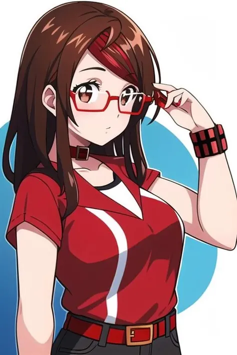 girl, brown hair, brown pupils, brown eyes, glasses, glasses with red frames, red checker in the form of a belt, <lora:Zaki:0.7>
