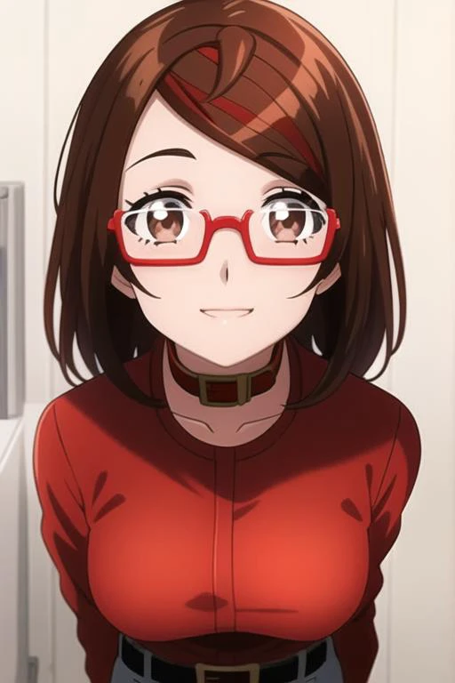 girl, brown hair, brown pupils, brown eyes, glasses, glasses with red frames, red checker in the form of a belt, <lora:Zaki:0.7>