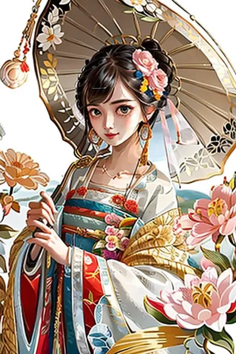 1girl, black_hair, blue_eyes, blue_umbrella, branch, camellia, chinese_clothes, daisy, earrings, floral_background, flower, hair_flower, hair_ornament, hibiscus, holding, holding_umbrella, chinese_clothes, jewelry, lily_\(flower\), looking_at_viewer, lotus, oil-paper_umbrella, orange_flower, parasol, red_flower, red_umbrella, smile, solo, tassel, transparent, transparent_umbrella, umbrella, upper_body, white_umbrella, ((masterpiece)), best quality,(very detailed and expressive eyes),highly detailed,high , 8k, highres, <hypernet:gufeng_:1>