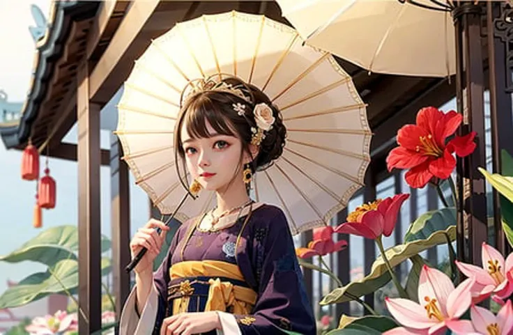 1girl, black_hair, blue_eyes, blue_umbrella, branch, camellia, chinese_clothes, daisy, earrings, floral_background, flower, hair_flower, hair_ornament, hibiscus, holding, holding_umbrella, chinese_clothes, jewelry, lily_\(flower\), looking_at_viewer, lotus, oil-paper_umbrella, orange_flower, parasol, red_flower, red_umbrella, smile, solo, tassel, transparent, transparent_umbrella, umbrella, upper_body, white_umbrella, ((masterpiece)), best quality,(very detailed and expressive eyes),highly detailed,high , 8k, highres, <hypernet:gufeng_:0.7>