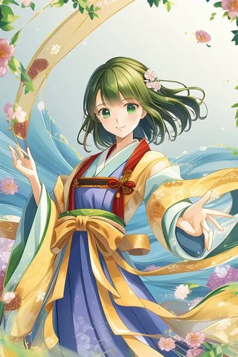 masterpiece,best quality,anime wizard,earth sorcerer,female,brown green hair floating in the air,green brown japanese dress,with leaves,hand outstretched,roots,flowers and leaves swirling around hand,waves,dynamic pose,anime style <hypernet:gufegn:1>