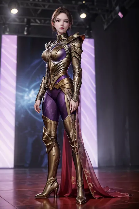 8K,highres,absurdres,masterpiece,best quality,original,extremely detailed CG,extremely detailed wallpaper,perfect lighting,<lyco:GoodHands-beta2:1>,1girl,blurry_background,looking_at_viewer,standing on the stage,
<lora:jmai_20240312184454:0.6>,jmai,armor,armored high_heel_boots,shoulder_guard,purple_element,