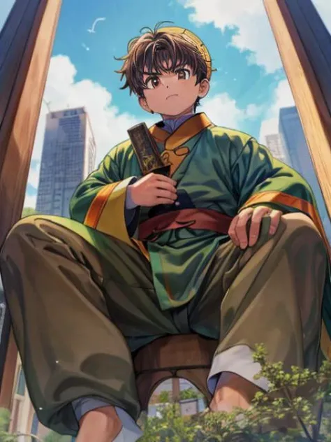 masterpiece,1boy, <lora:add_detail:0.77>,Rampage,GTSgiga <lora:GTSv5:0.3>, ,tiny city:1.4, tiny hiroshima, (lixiaolang,giant boy, head lxl,beautiful brown eyes, <lora:liXiaolang_v10:0.6>), sitting, from below,
