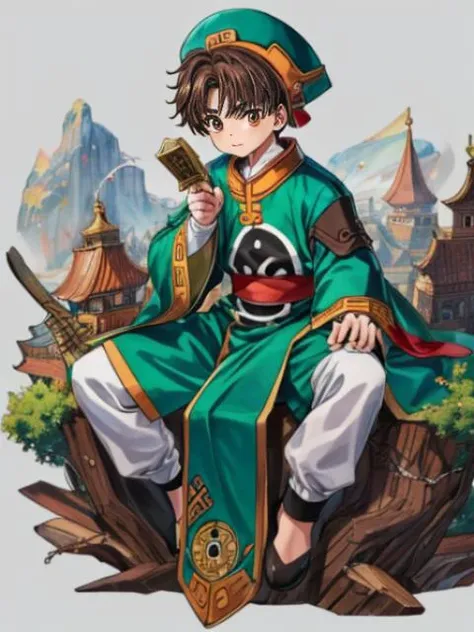 masterpiece,1boy, <lora:add_detail:0.77>,Rampage,GTSgiga <lora:GTSv5:0.3>, tiny city:1.4, (lixiaolang,giant boy, head lxl,beautiful brown eyes, brown hair, full body, <lora:liXiaolang_v10:0.6>), sitting, zouri