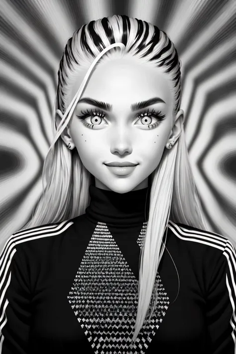 (op art style, optical illusions, black and white, geometric, detailed:1.15), headshot <lora:MaddieFrancessca_v1:.9> MaddieFrancessca, focus on smiling face, wearing a military uniform , her hair is styled as Straight Twisted Half-Up,