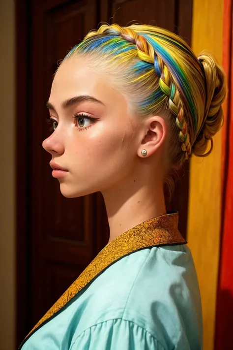 (folk art style, vibrant, patterned, cultural, highly detailed:1.15), (shot from a Dutch angle, closeup on face:1.2) <lora:MaddieFrancessca_v1:.9> MaddieFrancessca, from behind,4:: she is wearing vietnamese dress, her hair is styled as french fishtail updo, BREAK she is (in the lounge:1.1), chiaroscuro, technicolor,