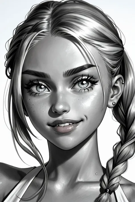 realistic photo of <lora:MaddieFrancessca_v1:.9> MaddieFrancessca, focus on eyes, close up on face, grinning, hair styled as Senegalese twist braids, black and white