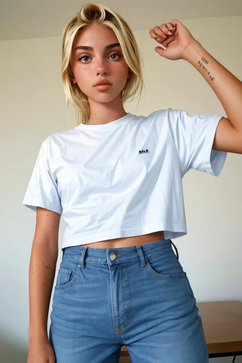 (medium shot:1.4), <lora:MaddieFrancessca_v1:.9> MaddieFrancessca wearing a t-shirt and jeans