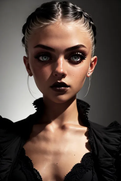 (gothic rendition, dark, macabre, highly detailed, brooding:1.15), <lora:MaddieFrancessca_v1:.9> MaddieFrancessca, focus on eyes, close up on face, hair styled dutch braided updo,